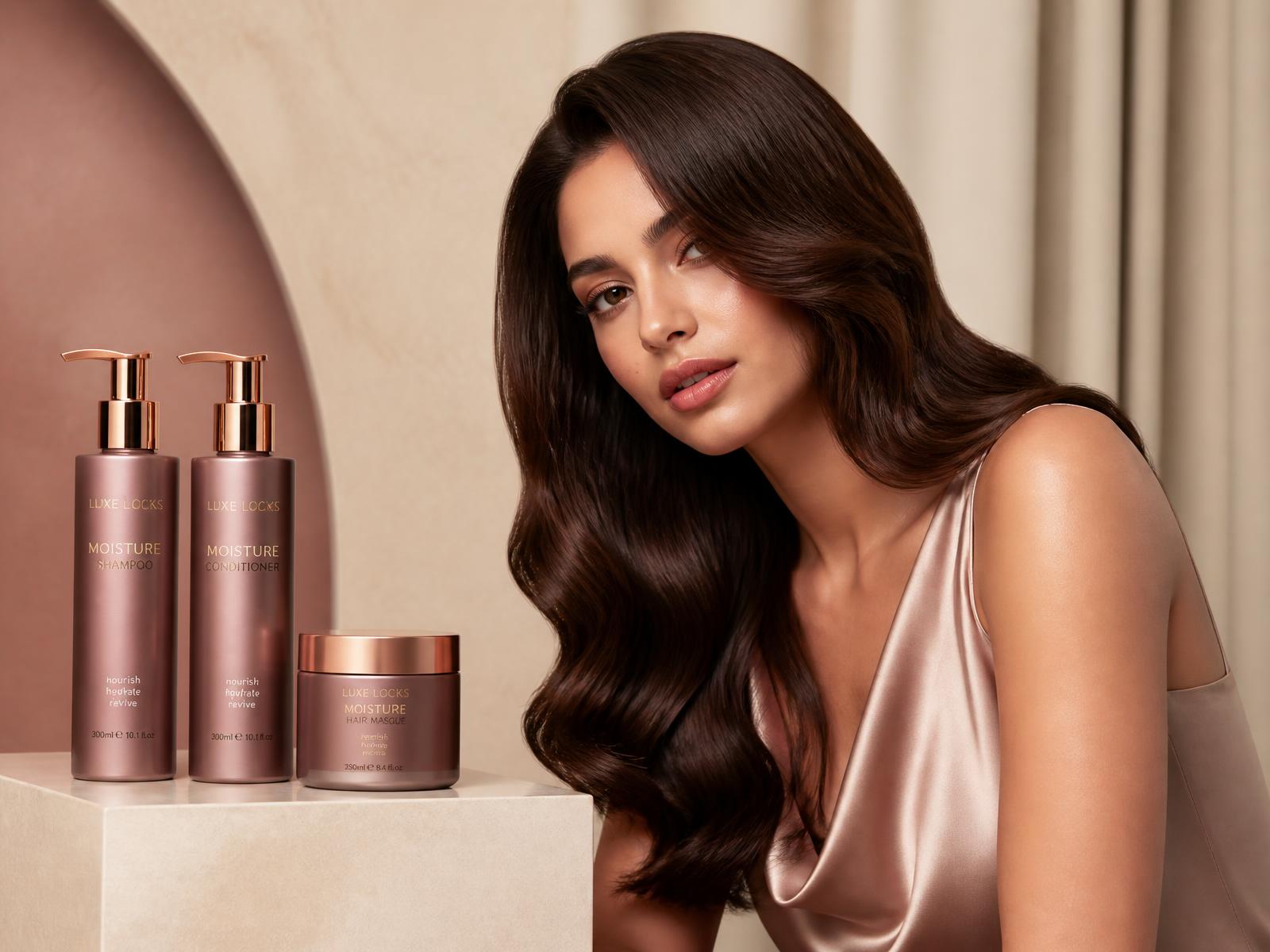 Glossy healthy hair with haircare products in cream and mocha tones